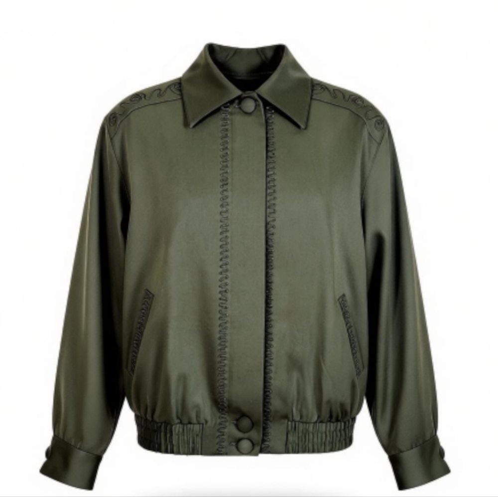 Suzelle Wool Jacket Size 12 Embroidered Full Front Zipper Buttons Pockets Green - Picture 13 of 13